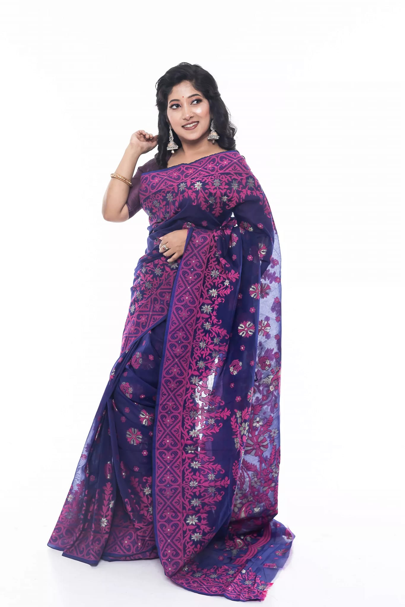 Elegant Navy Blue and Pink Half-Silk Saree