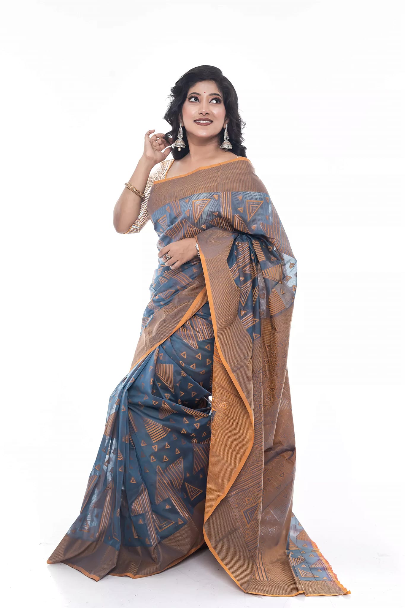 Dark Grey Blue Half Silk Saree