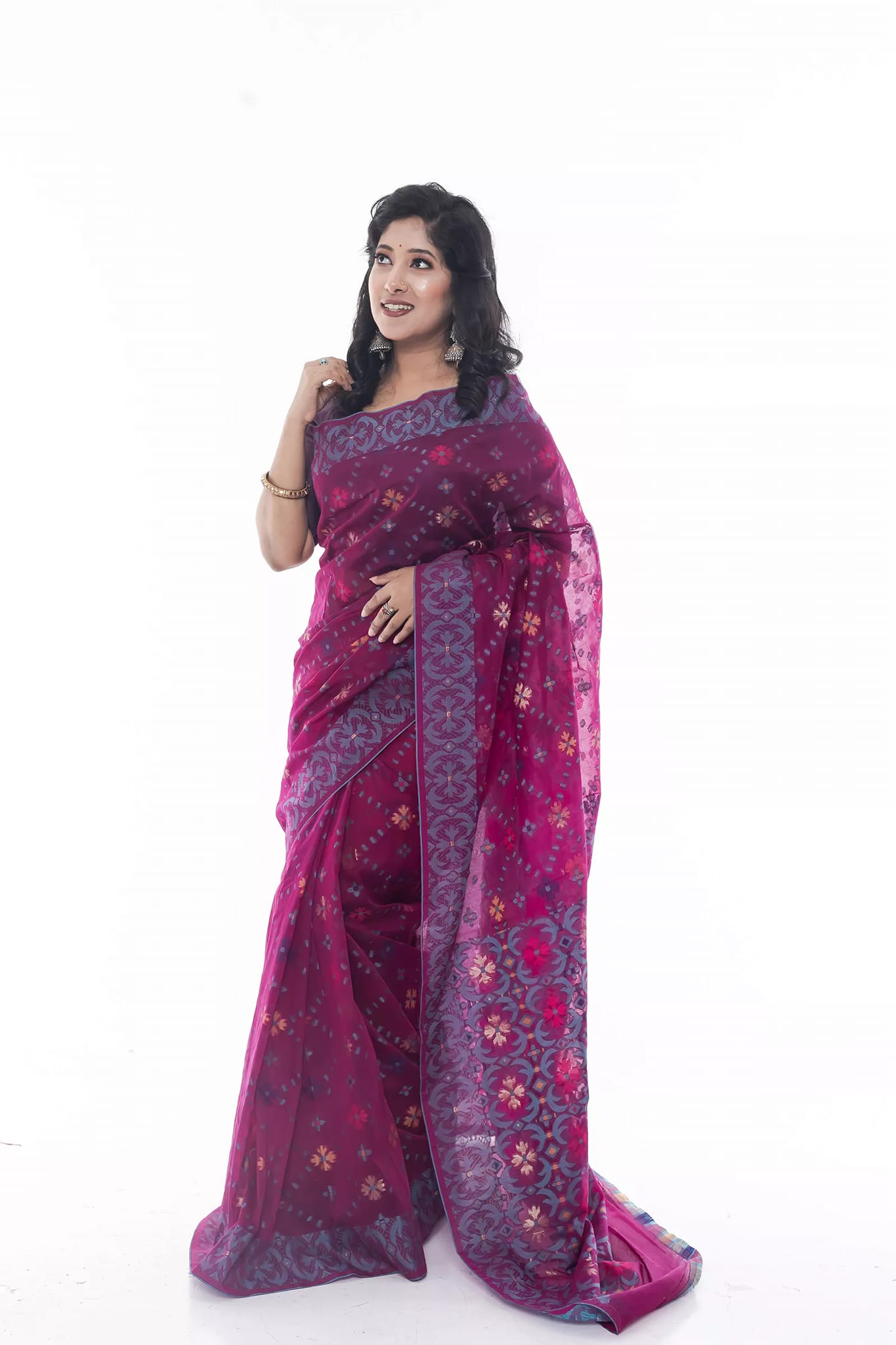 Half-Silk Saree in Maroon Color With Floral And Geometric Patterns