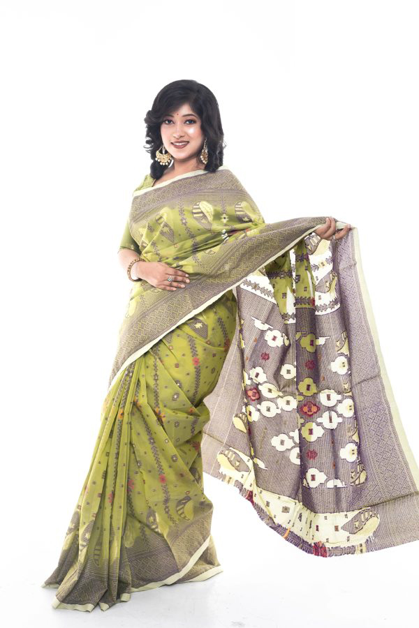 Olive Green and Beige Color Traditional  Half-Silk Saree